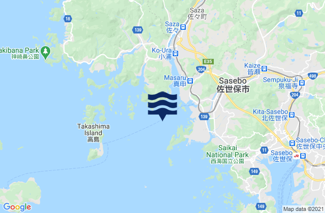 Carte des horaires des marées pour Ainoura, Japan