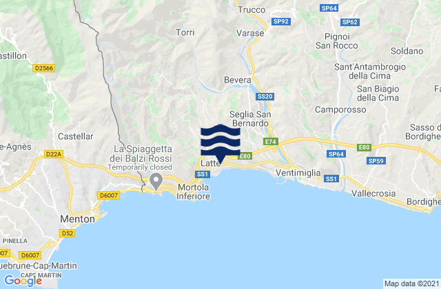 Carte des horaires des marées pour Airole, Italy