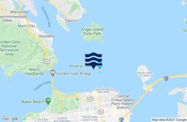 Carte des horaires des marées pour Alcatraz Island 0.2 mile west of, United States