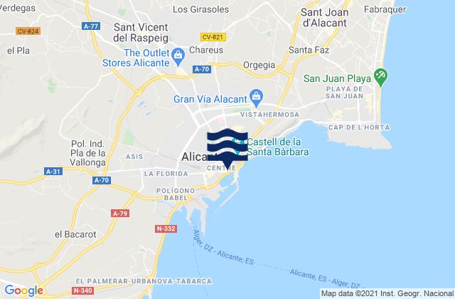 Carte des horaires des marées pour Alicante, Spain