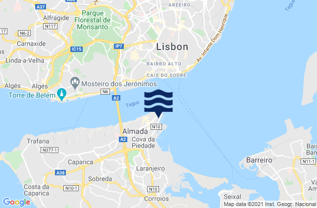 Carte des horaires des marées pour Almada, Portugal