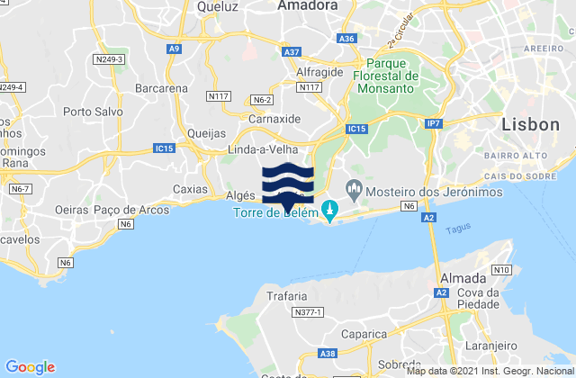 Carte des horaires des marées pour Amadora, Portugal