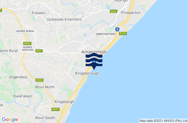 Carte des horaires des marées pour Amanzimtoti, South Africa