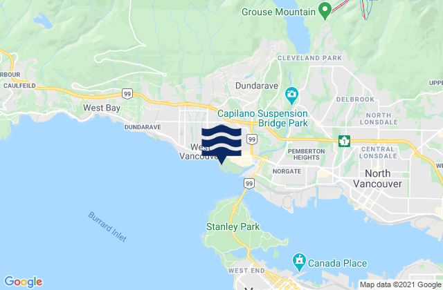 Carte des horaires des marées pour Ambleside Beach, Canada