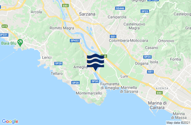 Carte des horaires des marées pour Ameglia, Italy
