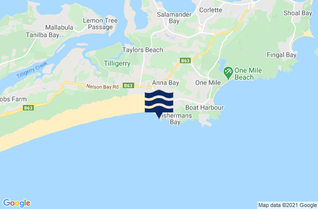 Carte des horaires des marées pour Anna Bay-Morna Point, Australia
