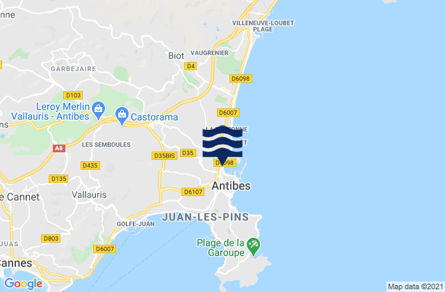 Carte des horaires des marées pour Antibes, France
