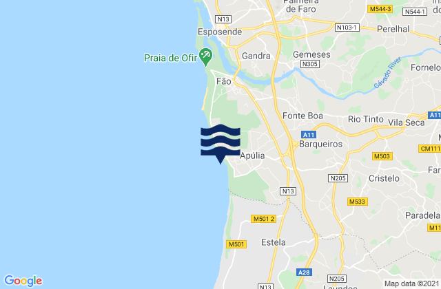 Carte des horaires des marées pour Apúlia, Portugal