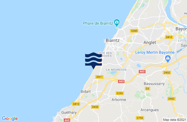 Carte des horaires des marées pour Arbonne, France
