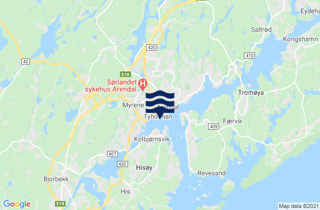 Carte des horaires des marées pour Arendal, Norway