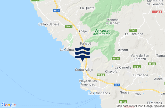 Carte des horaires des marées pour Arona, Spain
