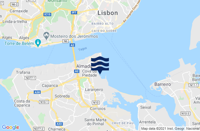 Carte des horaires des marées pour Arsenal do Alfeite, Portugal