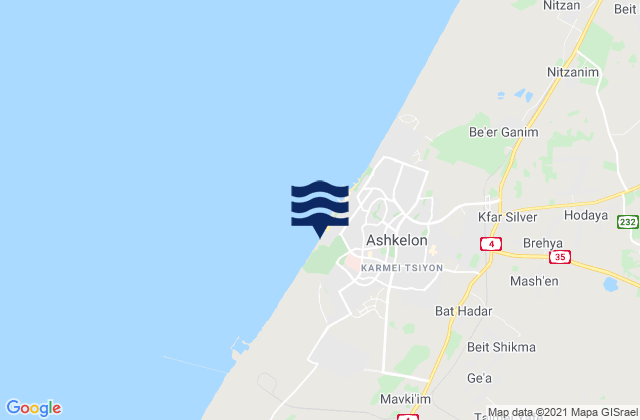 Carte des horaires des marées pour Ashkelon Shimshon, Israel