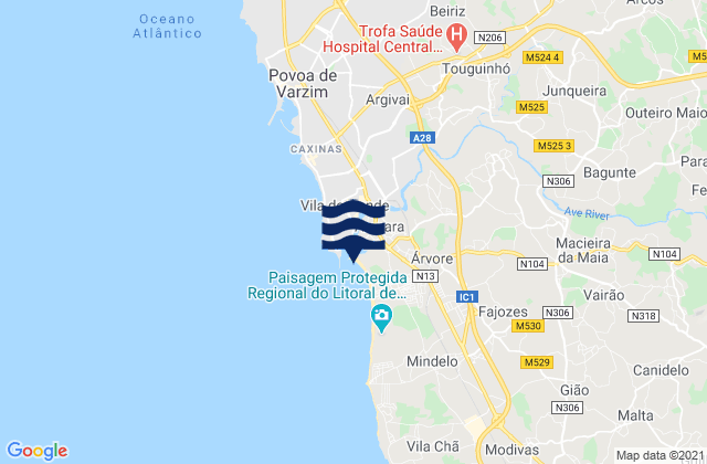 Carte des horaires des marées pour Azurara, Portugal