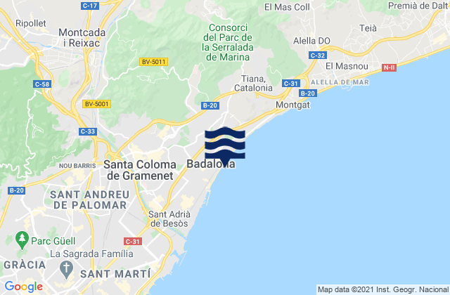 Carte des horaires des marées pour Badalona, Spain