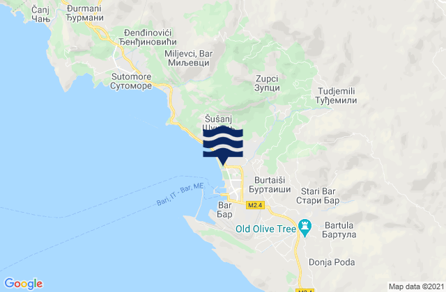 Carte des horaires des marées pour Bar, Montenegro