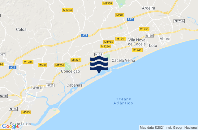 Carte des horaires des marées pour Barra de Cacela, Portugal