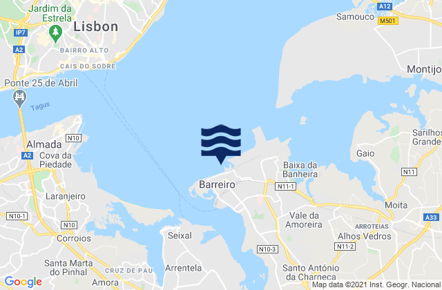 Carte des horaires des marées pour Barreiro, Portugal