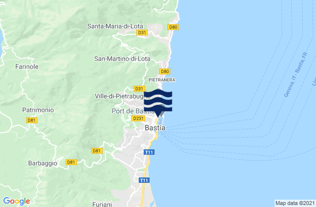 Carte des horaires des marées pour Bastia, France
