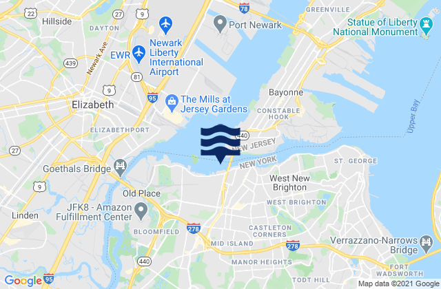 Carte des horaires des marées pour Bayonne Bridge Staten Island, United States