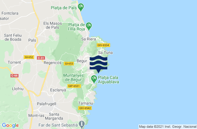 Carte des horaires des marées pour Begur, Spain