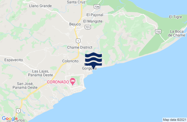 Carte des horaires des marées pour Bejuco, Panama