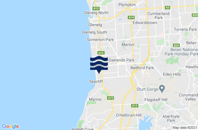 Carte des horaires des marées pour Belair, Australia