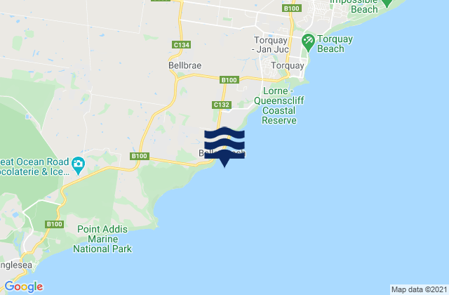 Carte des horaires des marées pour Bells Beach, Australia