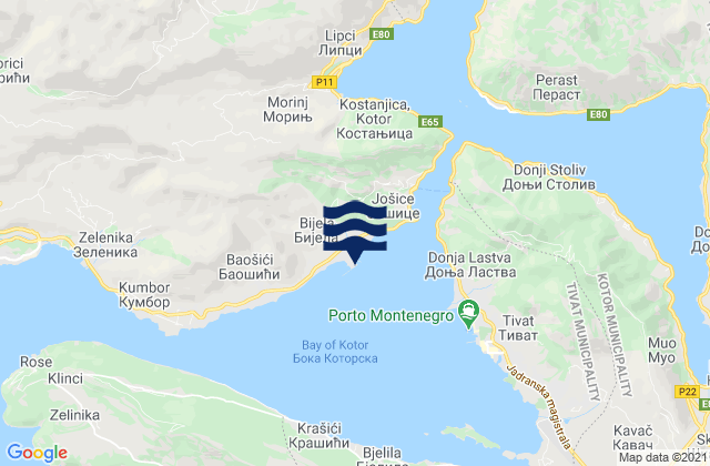 Carte des horaires des marées pour Bijela, Montenegro