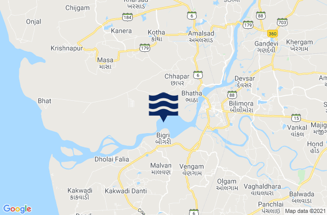 Carte des horaires des marées pour Bilimora, India