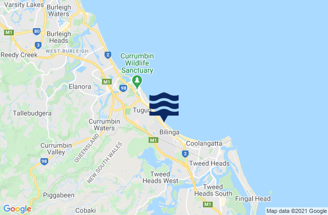Carte des horaires des marées pour Bilinga Beach, Australia