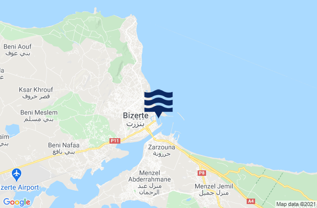 Carte des horaires des marées pour Bizerte, Tunisia
