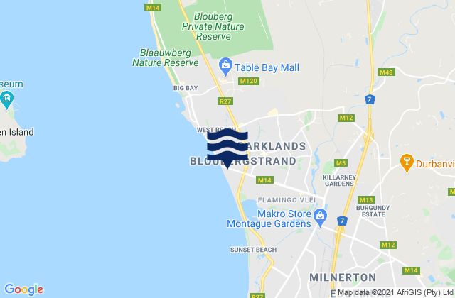 Carte des horaires des marées pour Bloubergstrand, South Africa