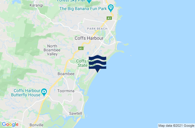 Carte des horaires des marées pour Boambee Beach, Australia