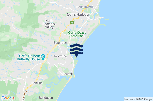 Carte des horaires des marées pour Boambee, Australia
