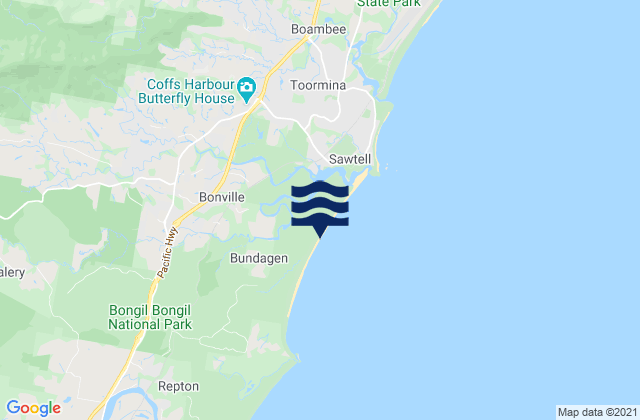 Carte des horaires des marées pour Bonville, Australia