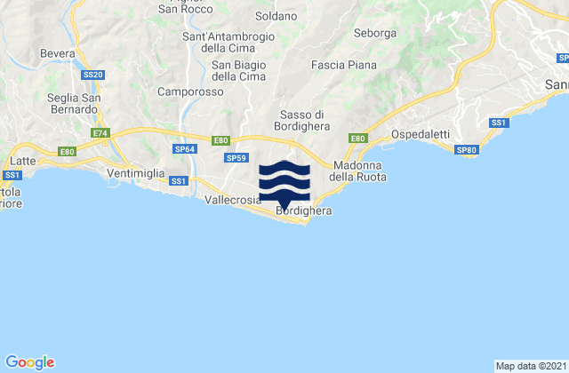 Carte des horaires des marées pour Bordighera, Italy