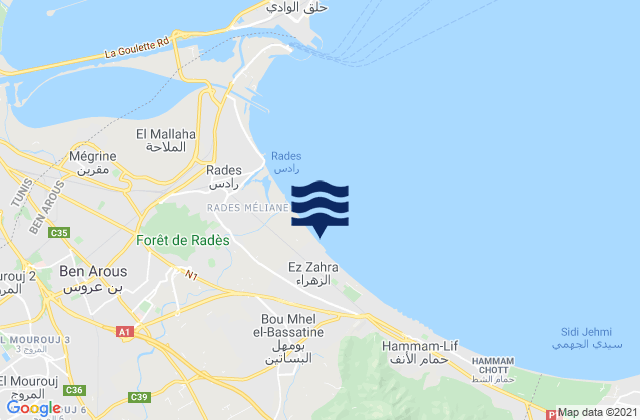 Carte des horaires des marées pour Bou Mhel El Bassatine, Tunisia
