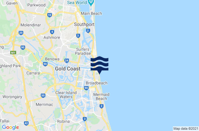 Carte des horaires des marées pour Broadbeach, Australia