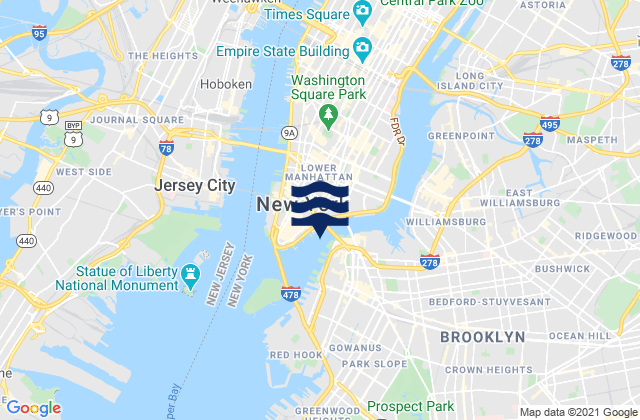 Carte des horaires des marées pour Brooklyn Bridge 0.1 mile southwest of, United States