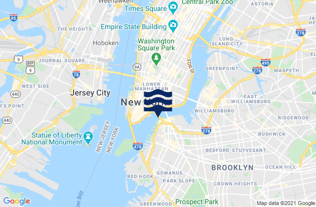 Carte des horaires des marées pour Brooklyn Bridge, United States