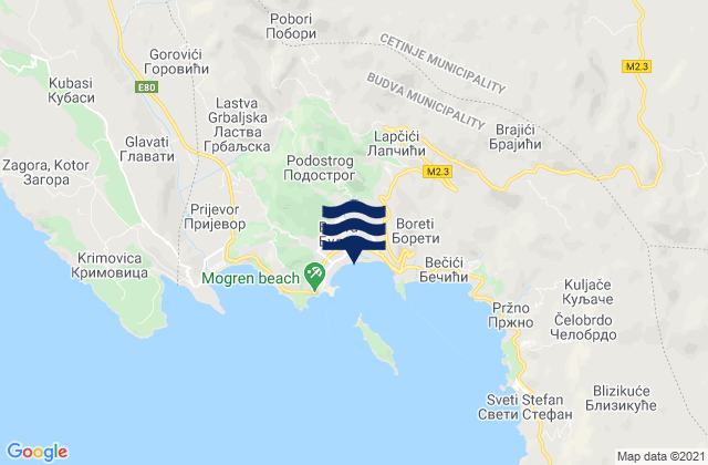Carte des horaires des marées pour Budva, Montenegro