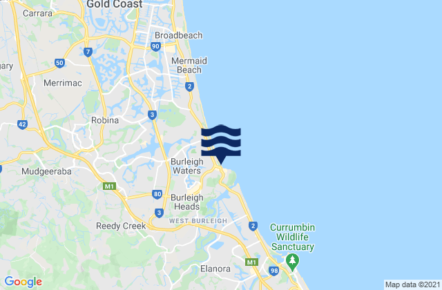 Carte des horaires des marées pour Burleigh Beach, Australia