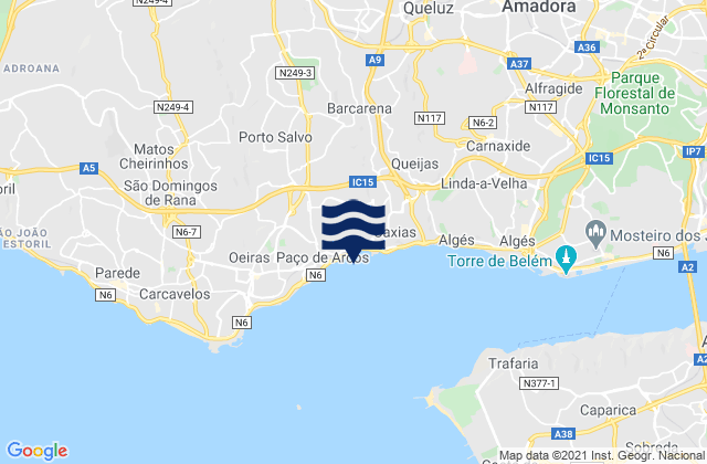 Carte des horaires des marées pour Cacém, Portugal