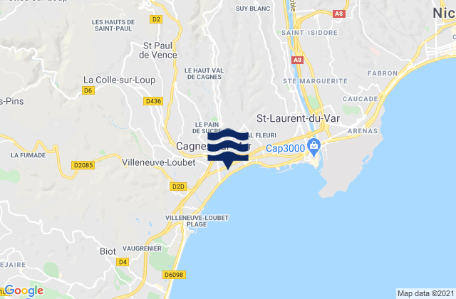 Carte des horaires des marées pour Cagnes-sur-Mer, France