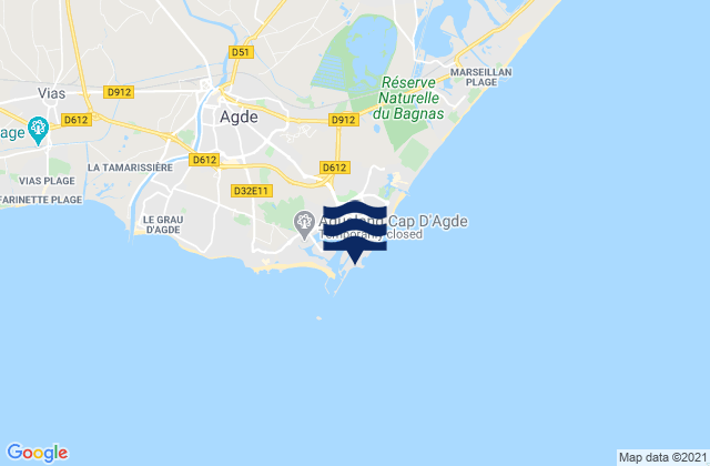 Carte des horaires des marées pour Cap d'Agde, France