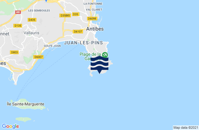 Carte des horaires des marées pour Cap d'Antibes, France