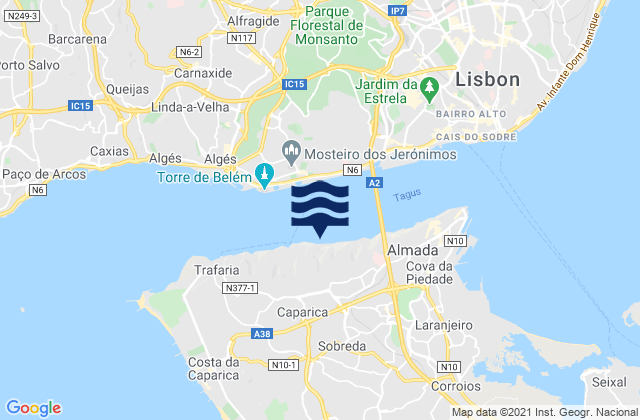 Carte des horaires des marées pour Caparica, Portugal