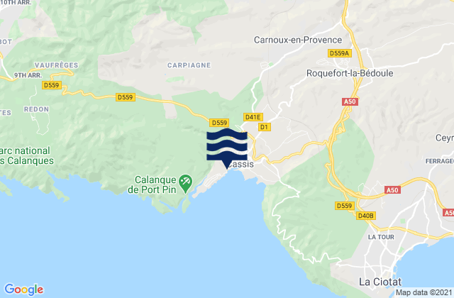 Carte des horaires des marées pour Cassis - Plage de l'Arene, France