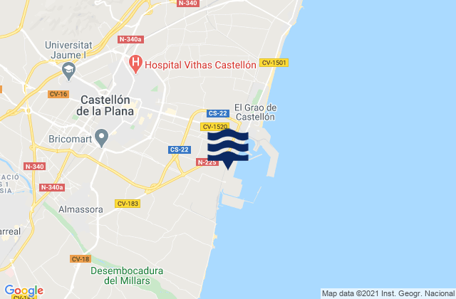 Carte des horaires des marées pour Castelló de la Plana, Spain